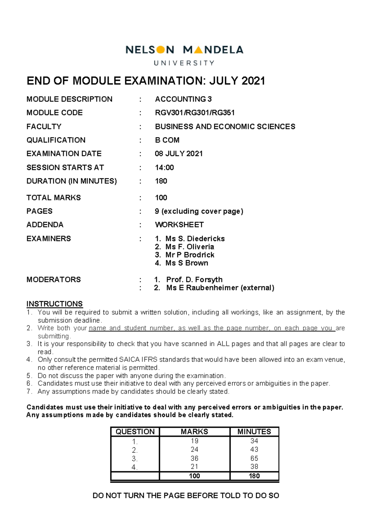 Accounting 3: End of Module Exam July 2021 - B Com Examination - Studocu