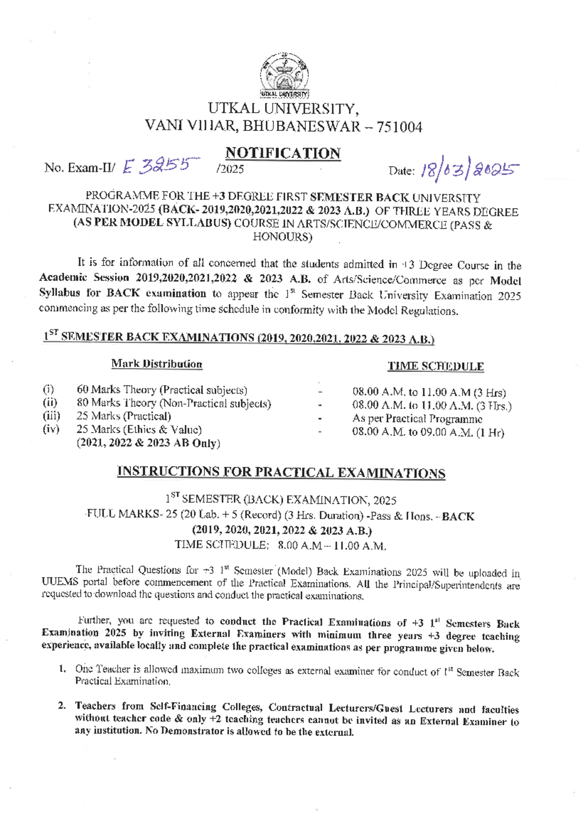 1st Semester Back Programme 2025u - UTKAL UNIVERSITY UTKAL UNIVERSITY ...