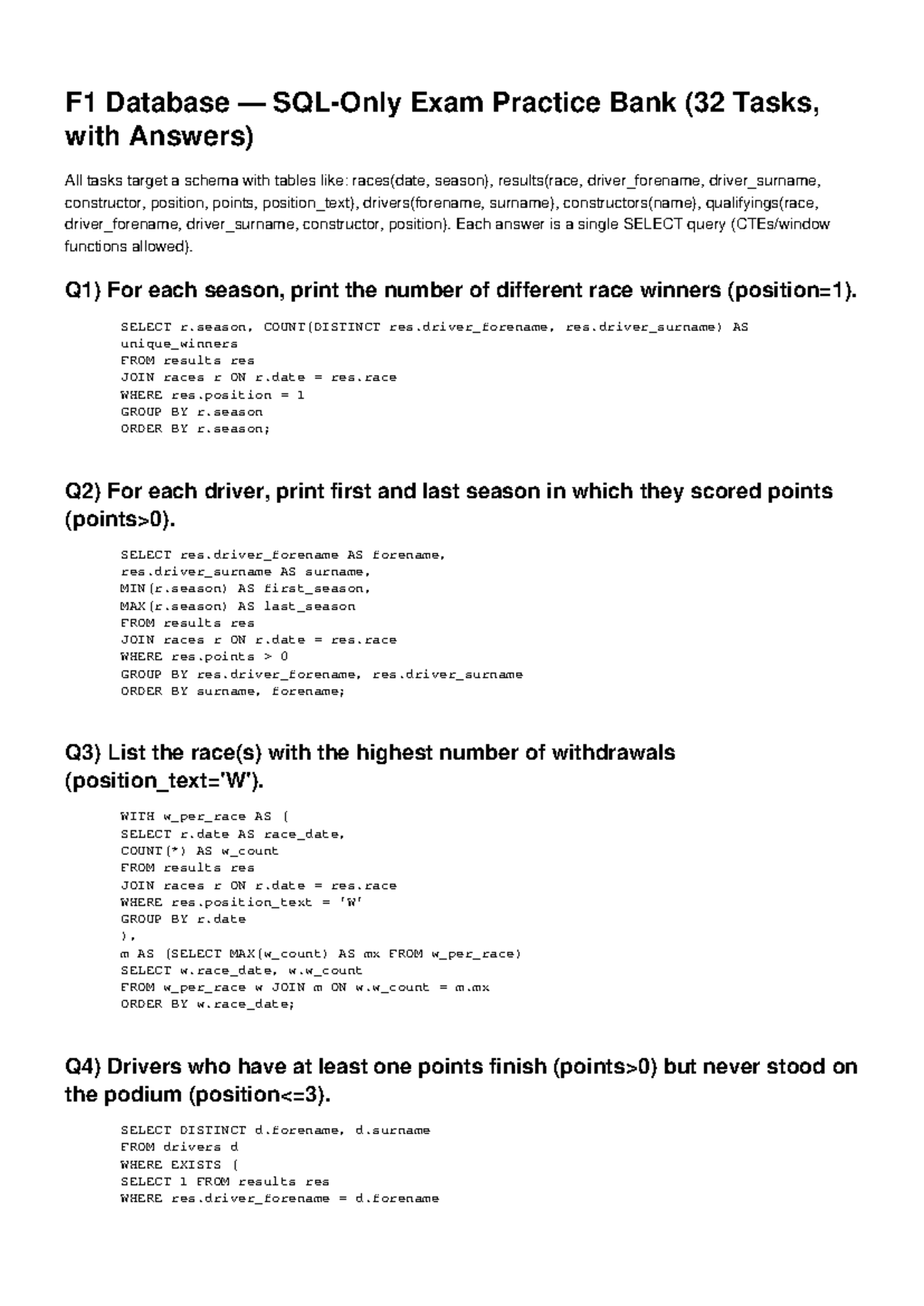 F1 SQL Exam Practice Bank: 32 Tasks with Solutions - Studocu