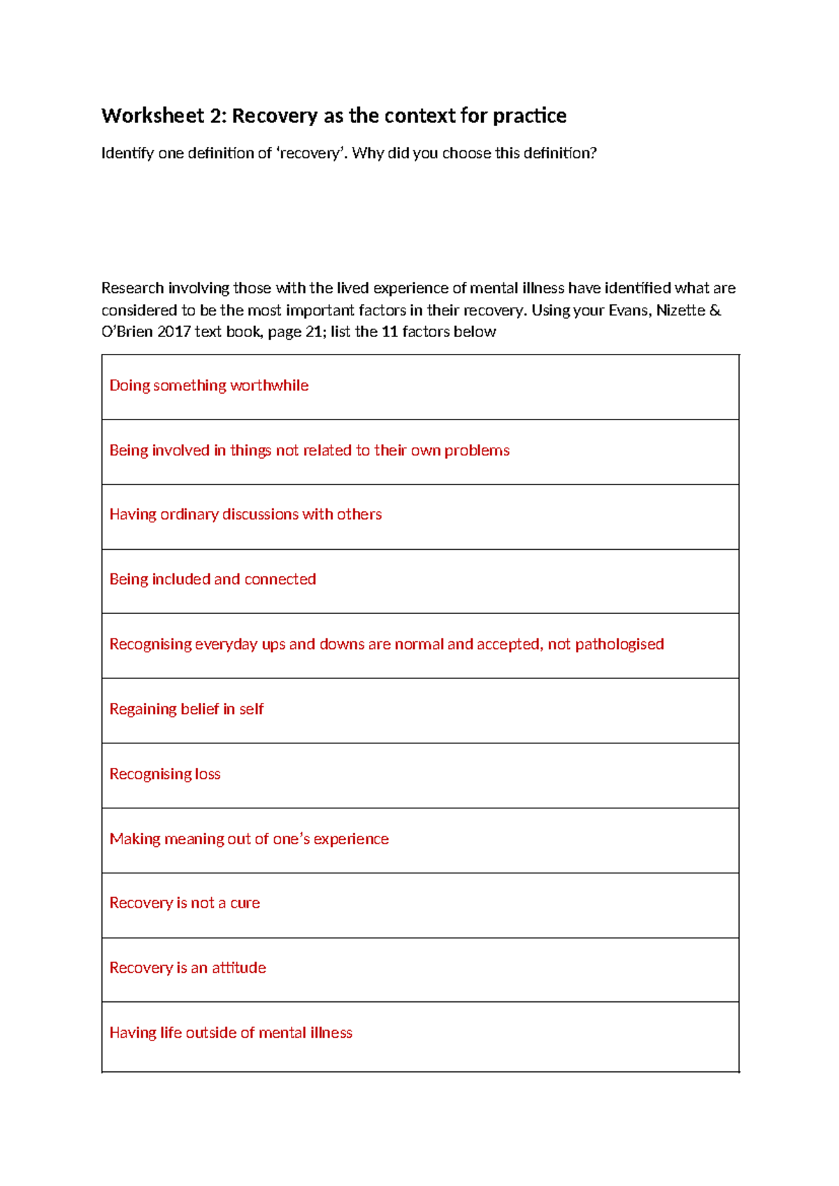 Worksheet 2: Recovery Informed Care Answers for Mental Health Nursing ...