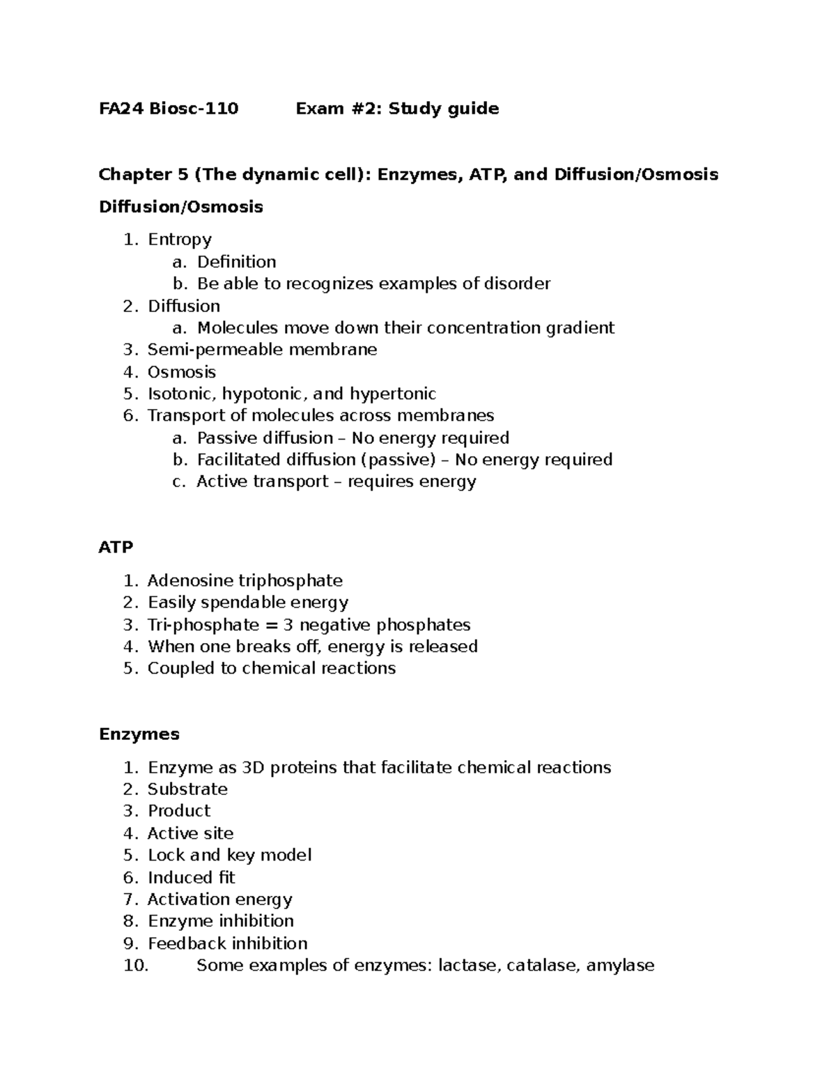 FA24 Biosc-110 Exam #2: Study Guide on Cell Biology Concepts - Studocu