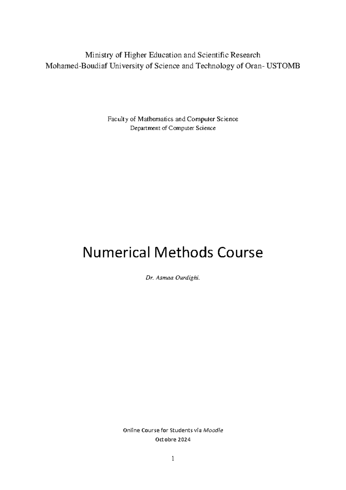 Numerical Methods Course- Dr Ourdigui A - Ministry of Higher Education ...