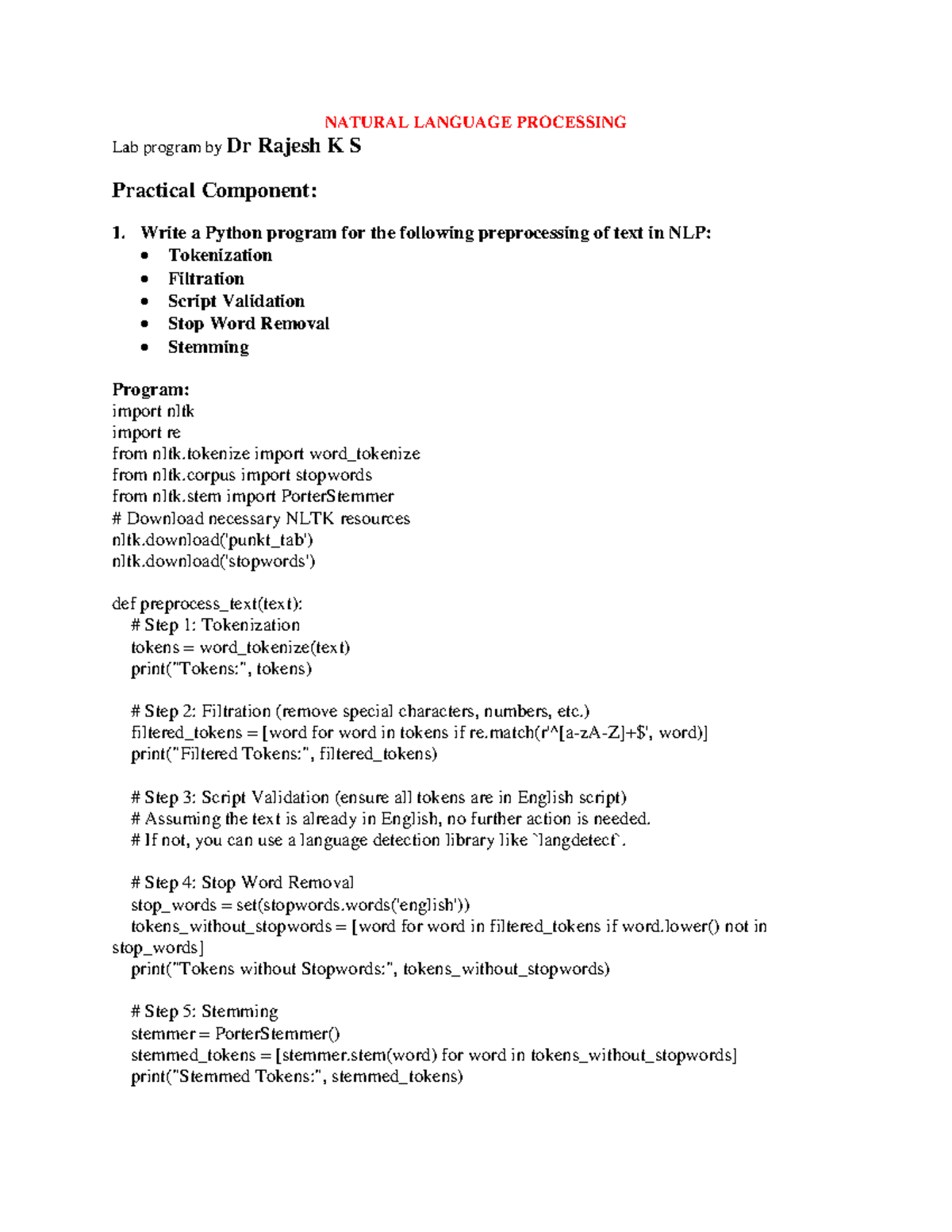 NLP 101: Lab Program 1 - Text Preprocessing Techniques in Python - Studocu