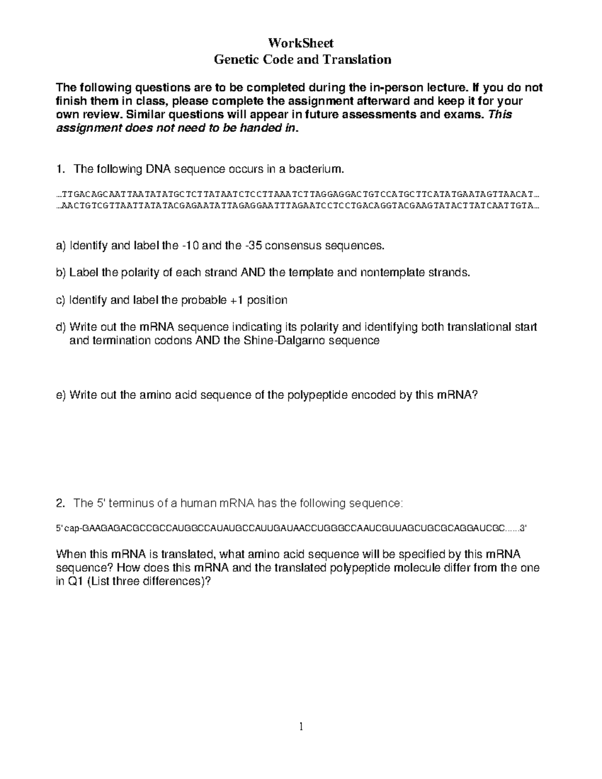 Worksheet: Genetic Code & Translation Q&A for Lecture - Studocu