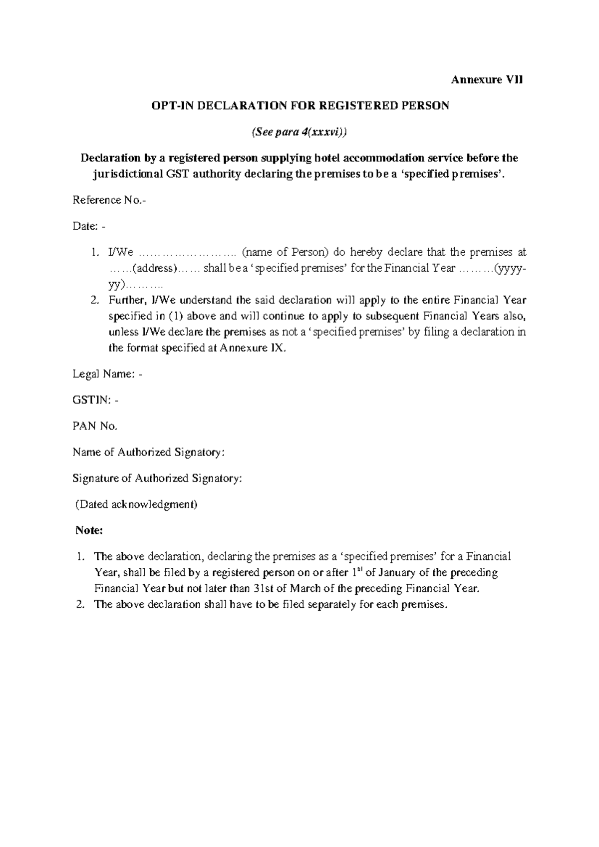 Annexure VII: Declaration for Registered Person - GST Compliance - Studocu