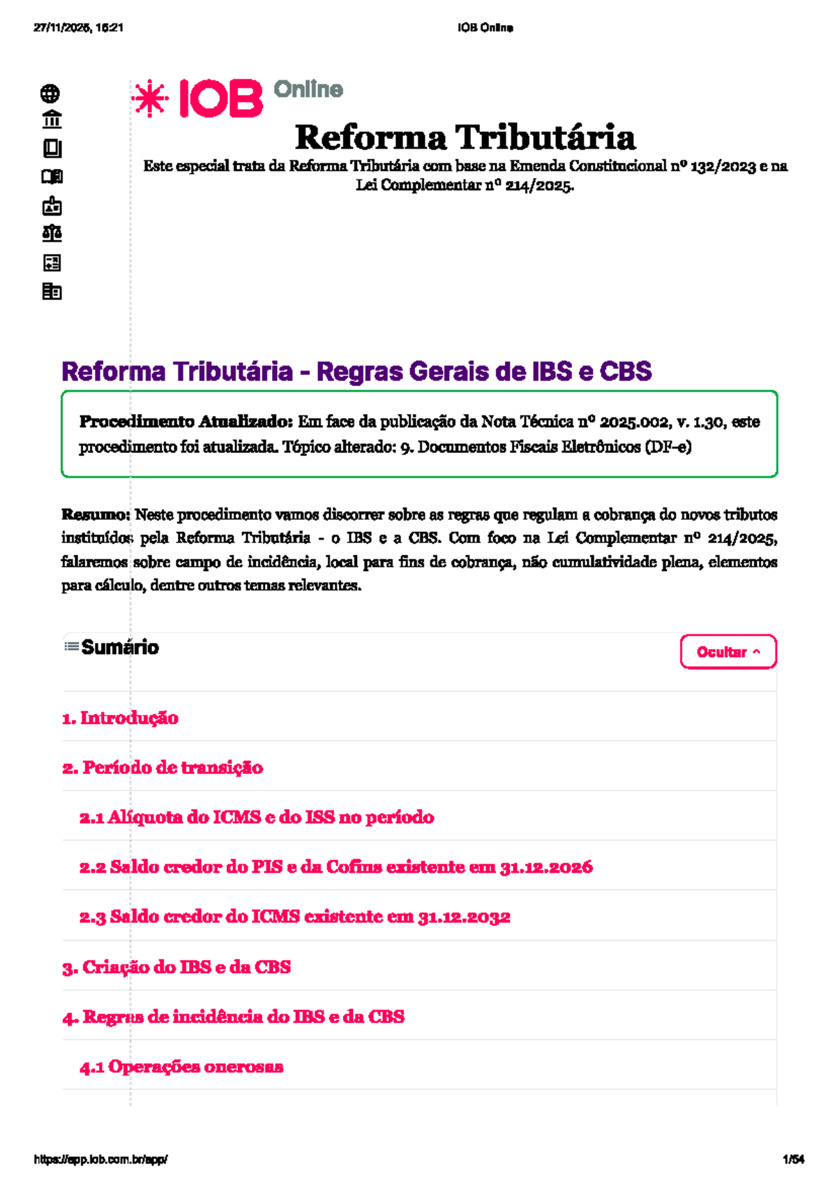 Reforma Tributária: Regras Gerais de IBS e CBS - 15:21 IOB Online - Studocu
