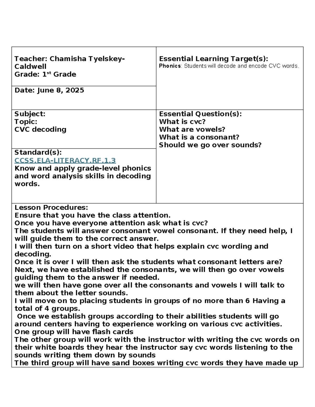 CVC Decoding Lesson Plan for 1st Grade - ELM 315 - Studocu