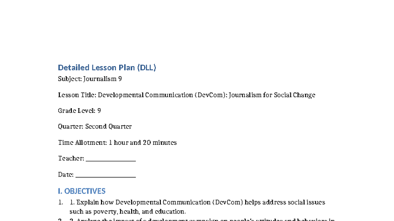 DLL DevCom: Journalism 9 Lesson Plan on Social Change - Studocu