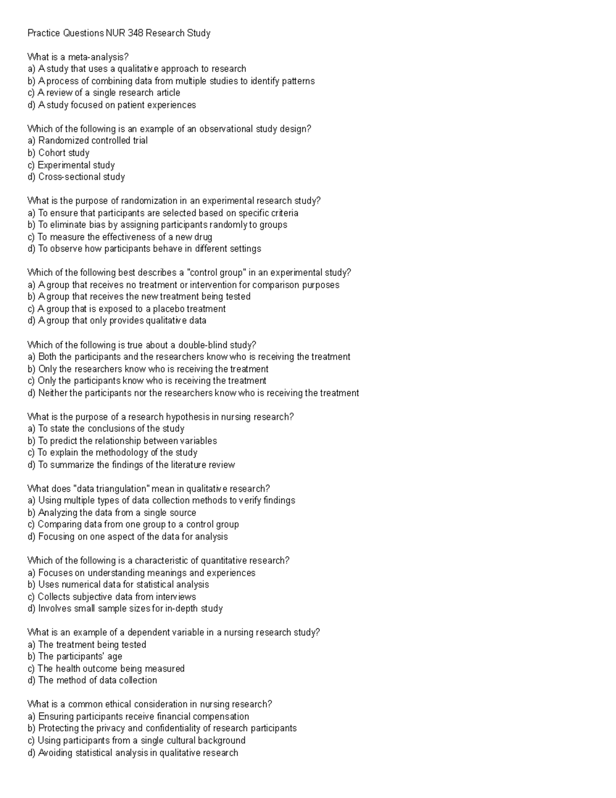 Practice Questions NUR 348 Research Study Guide - Studocu