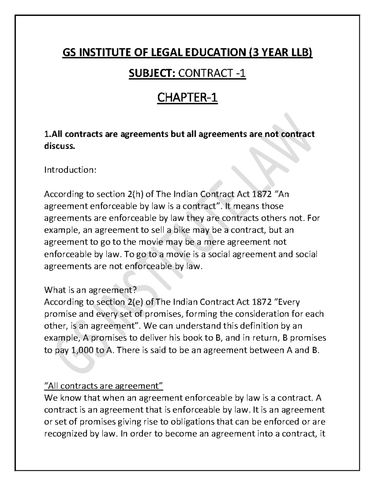 Contract Law Chapter 1 Notes (3 YEAR LLB) with Case Laws - Studocu