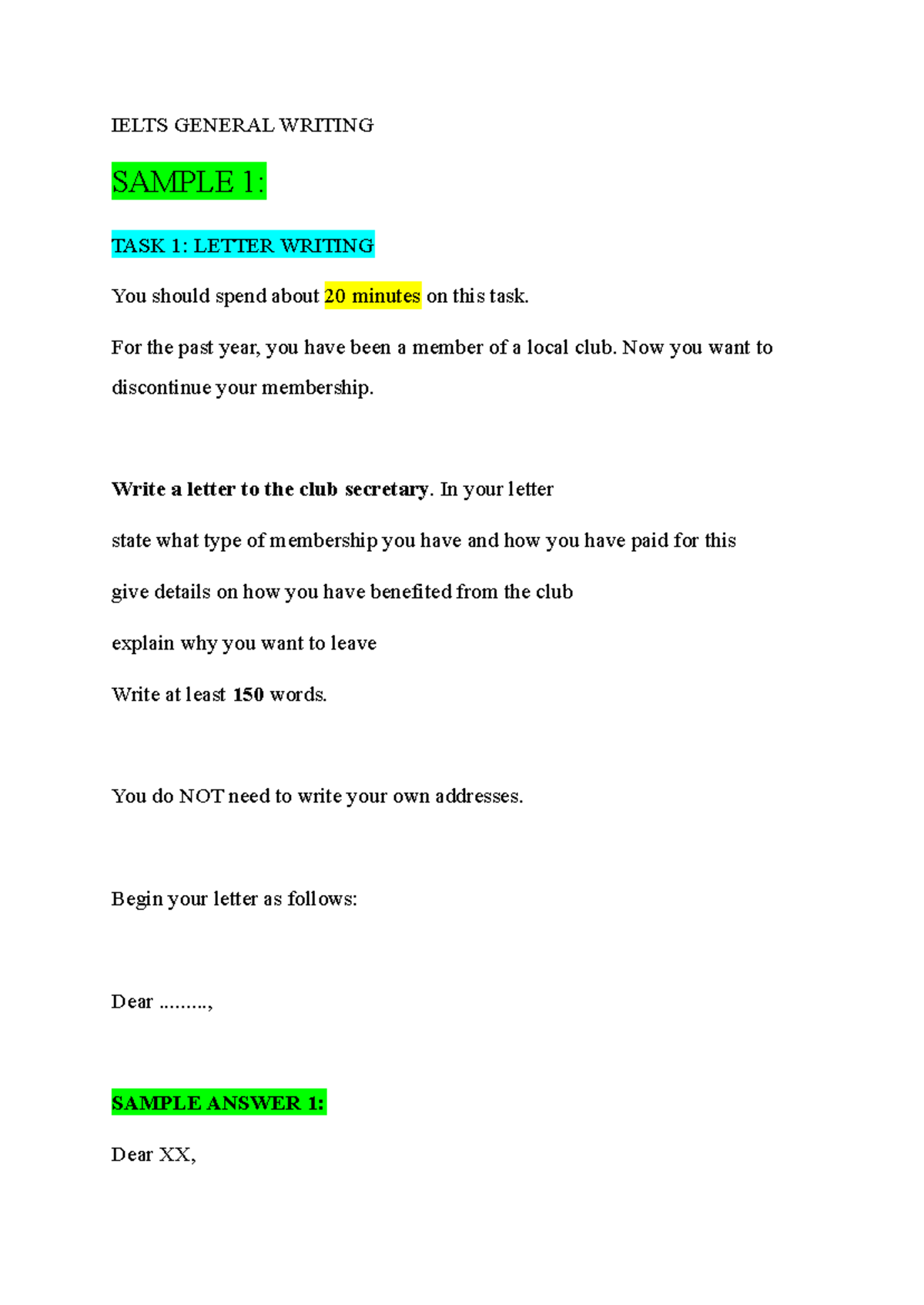 IELTS General Writing Sample: Task 1 Letter Writing (Week 2) - Studocu