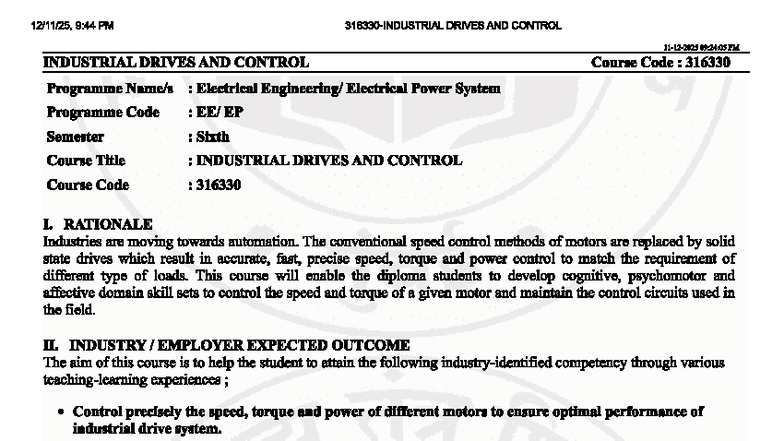 Industrial Drives and Control Course 316330 - Semester 6 Overview - Studocu