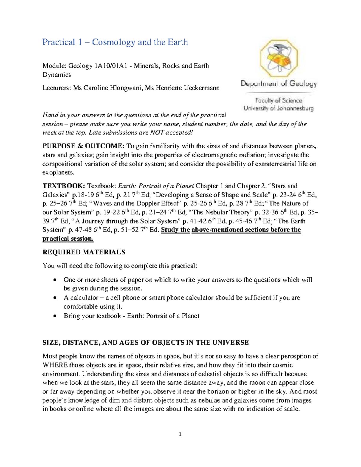 GLG1A10 Practical 1: Exploring Cosmology and Earth in the Universe ...