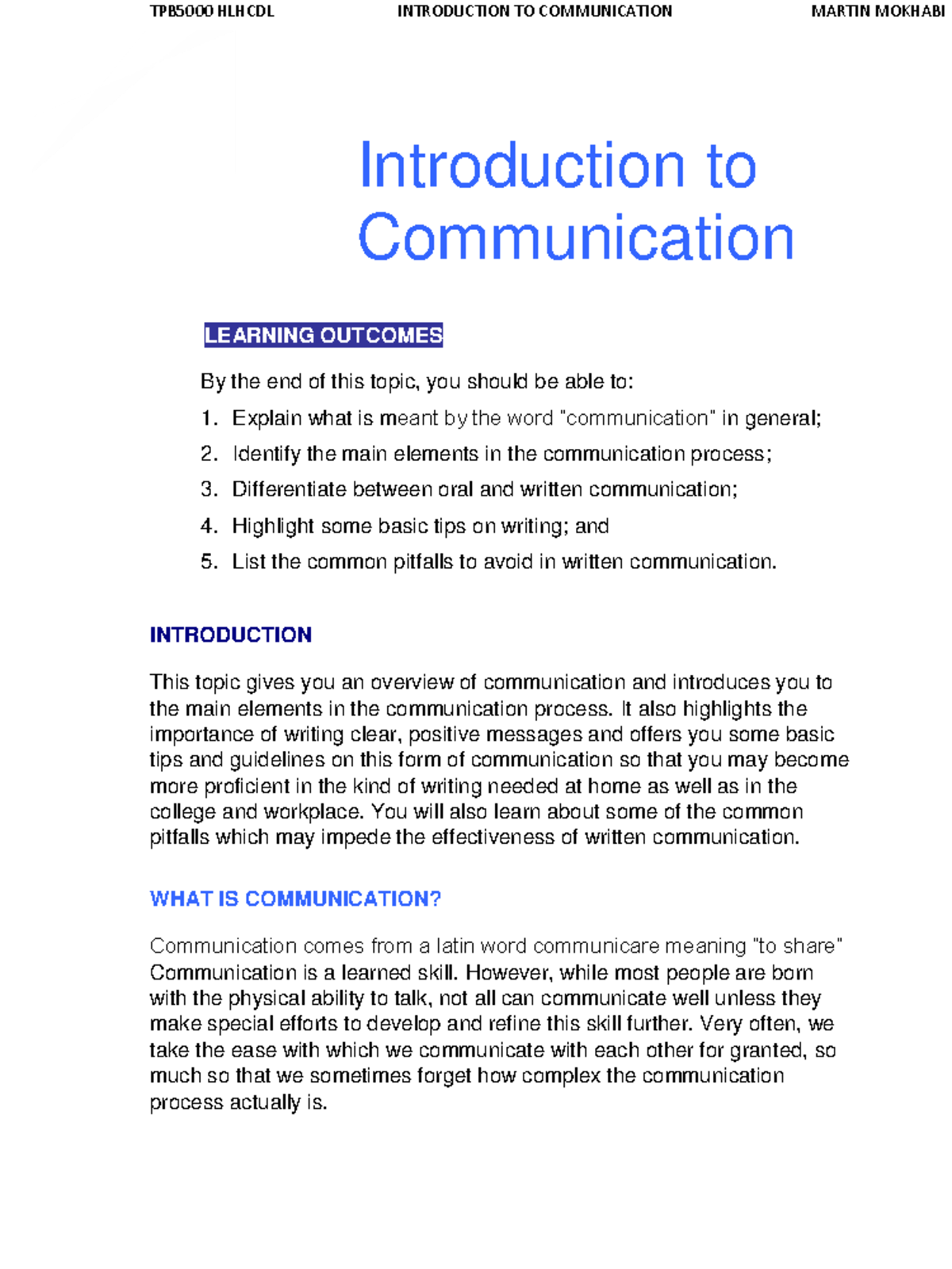 Communication - Lecture notes 2 - 1 Introduction to Communication ...