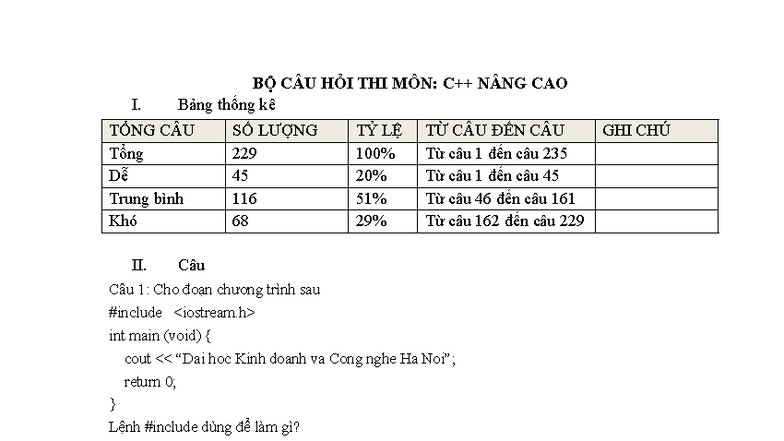 I. ĐỀ THI MÔN: NÂNG CAO C++ - 229 CÂU HỎI THI TỔNG HỢP - Studocu