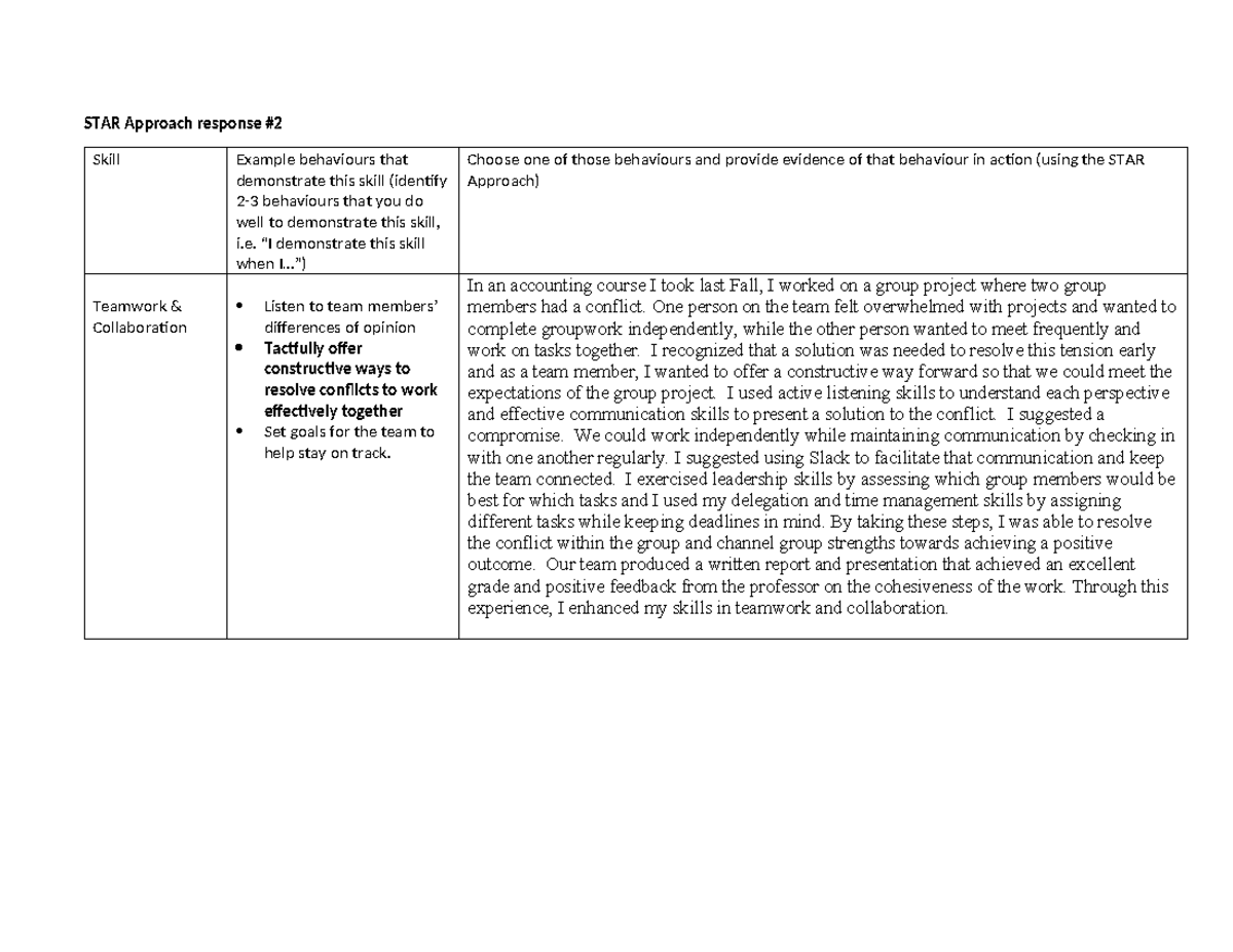 STAR Approach: Teamwork & Collaboration Skills Response #2 - Studocu