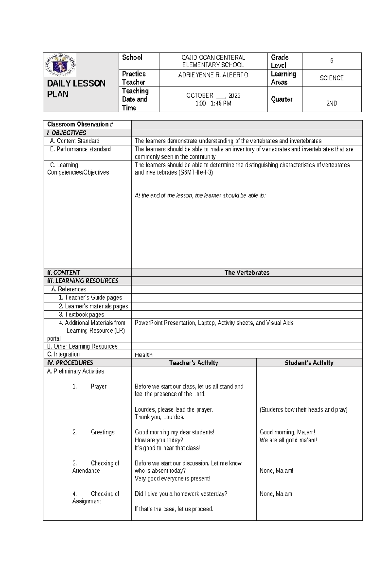 Vertebrates Daily Lesson Plan (DLP) - Science 2nd Grade - Studocu