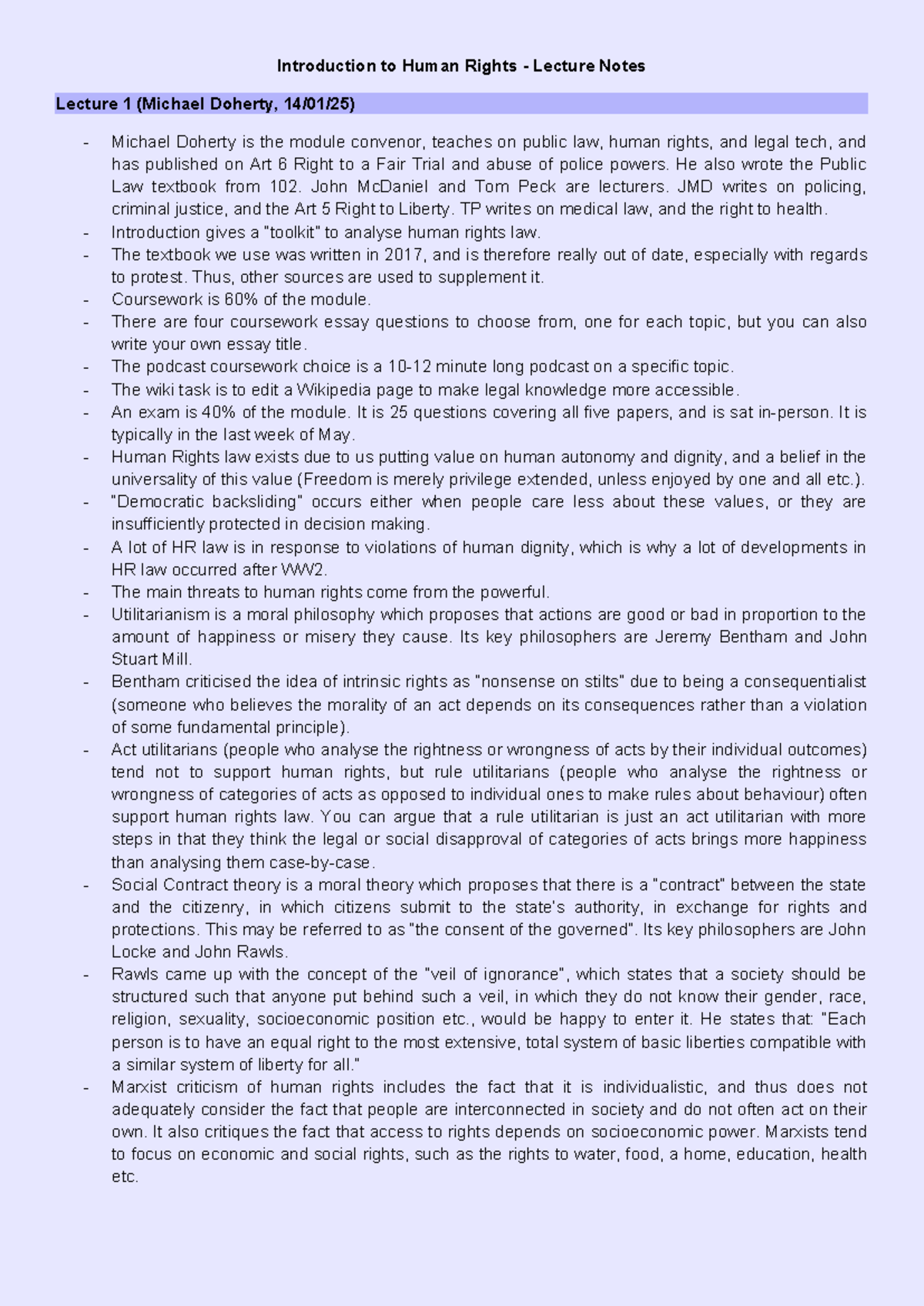 Introduction to Human Rights Lecture Notes (Module Code: 102) - Studocu