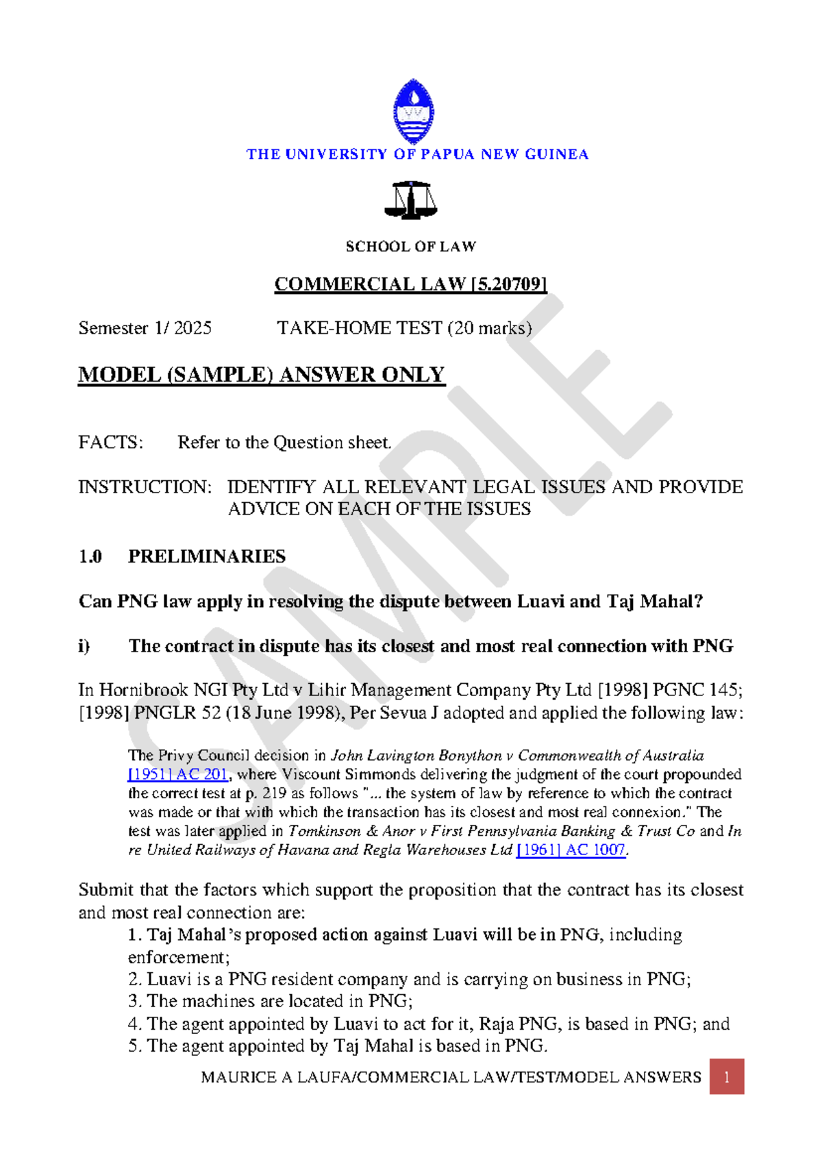 Commercial Law Test Model Answers (2025) - University of PNG School of ...