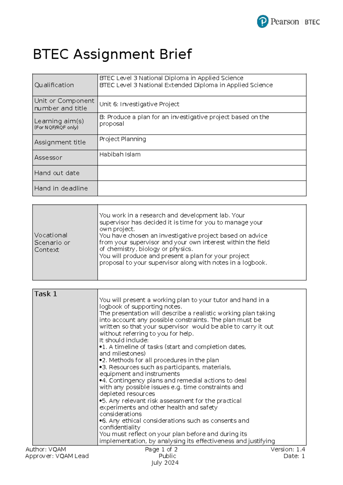 BTEC Level 3 Unit 6: Investigative Project Planning Assignment Brief ...