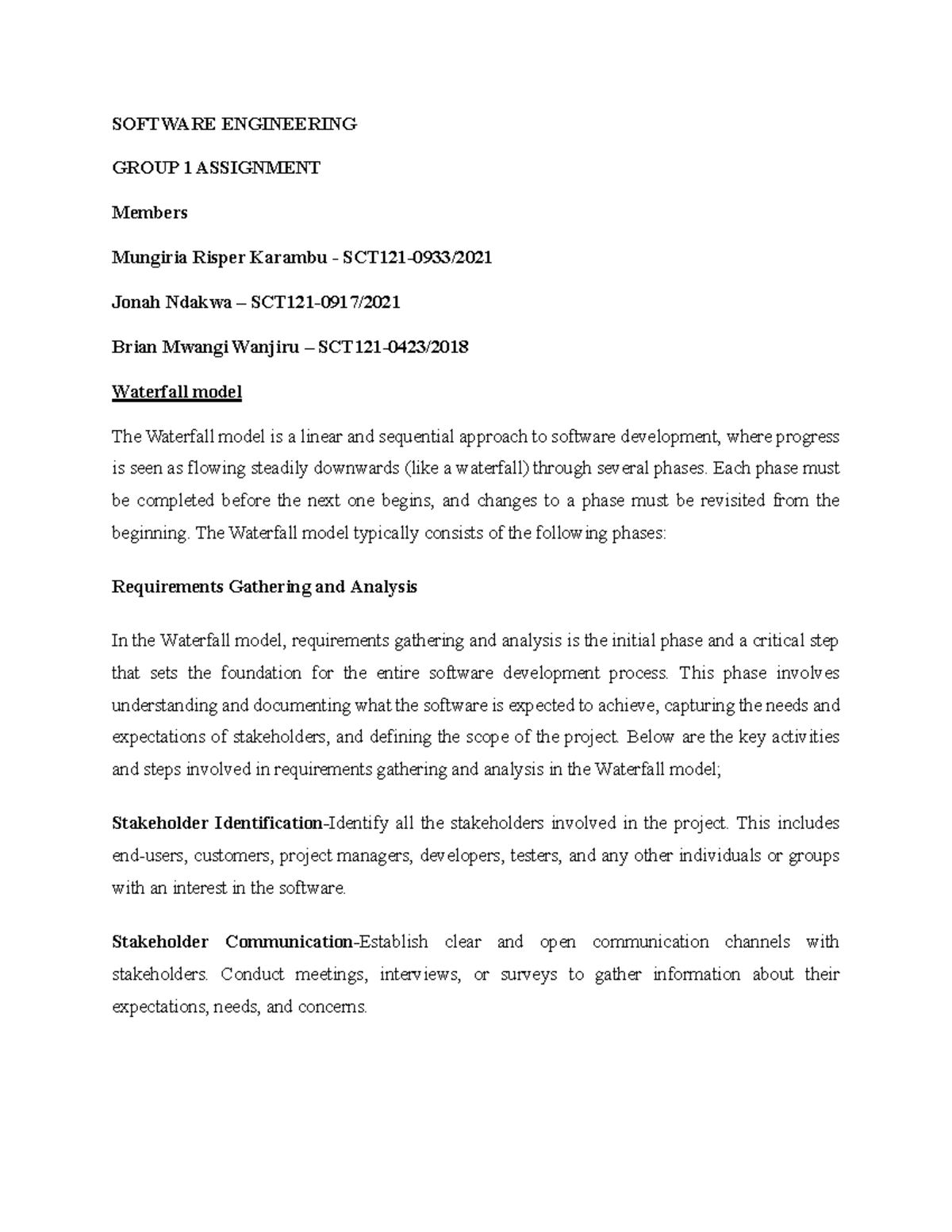 SCT121 Group 1 Software Engineering Assignment: Waterfall Model ...