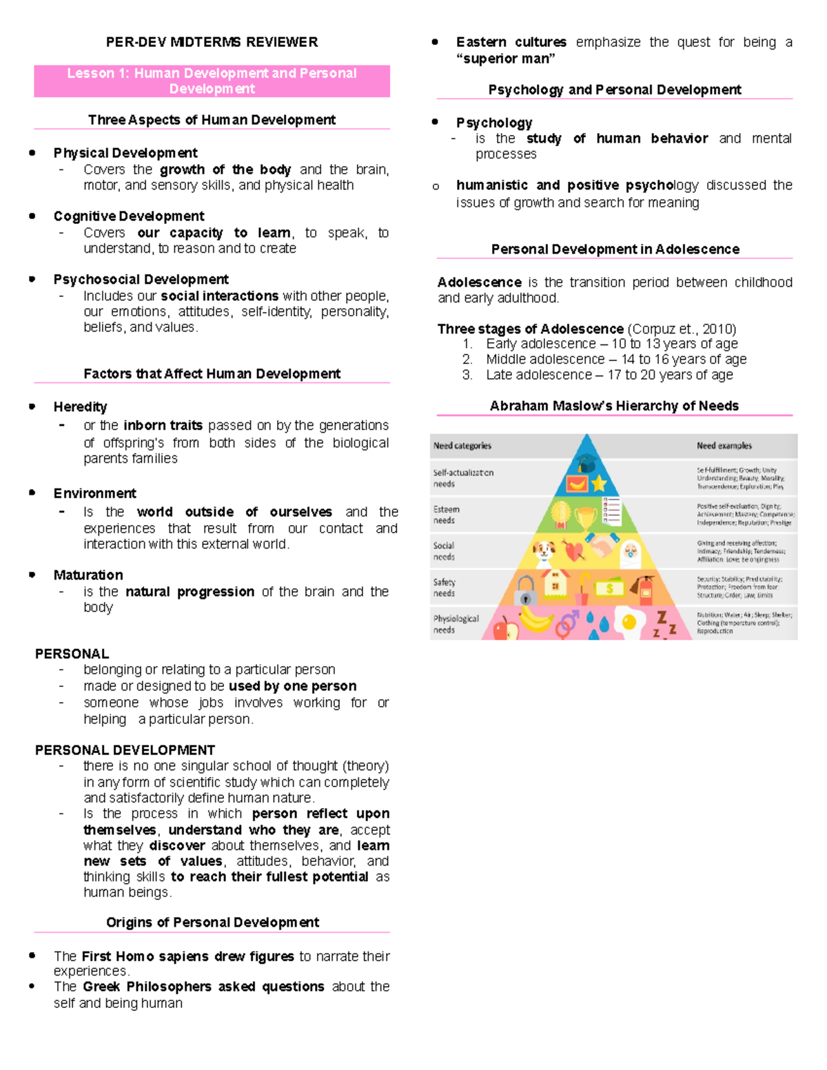 PER DEV MIDTERMS REVIEWER: Human & Personal Development Insights - Studocu