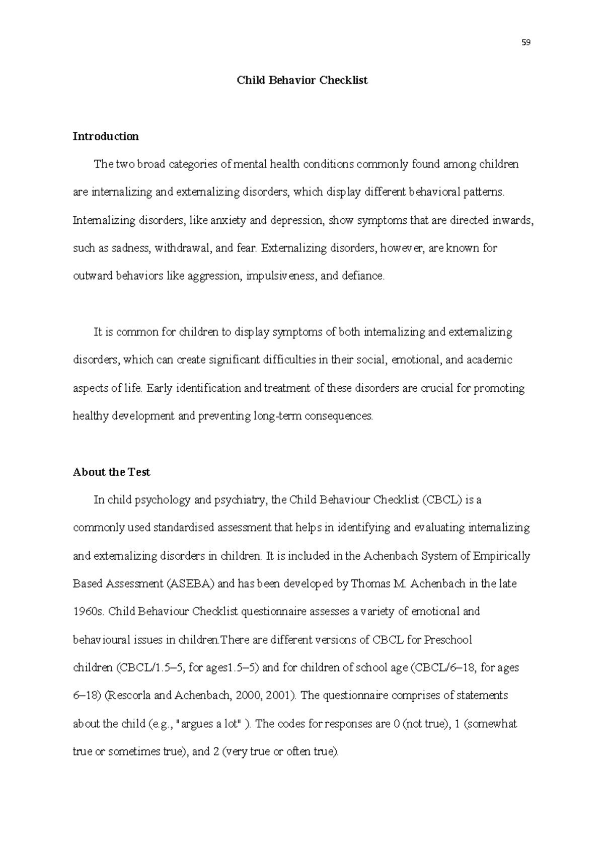 CBCL Final Report: Assessment of Emotional & Behavioral Health of Child ...