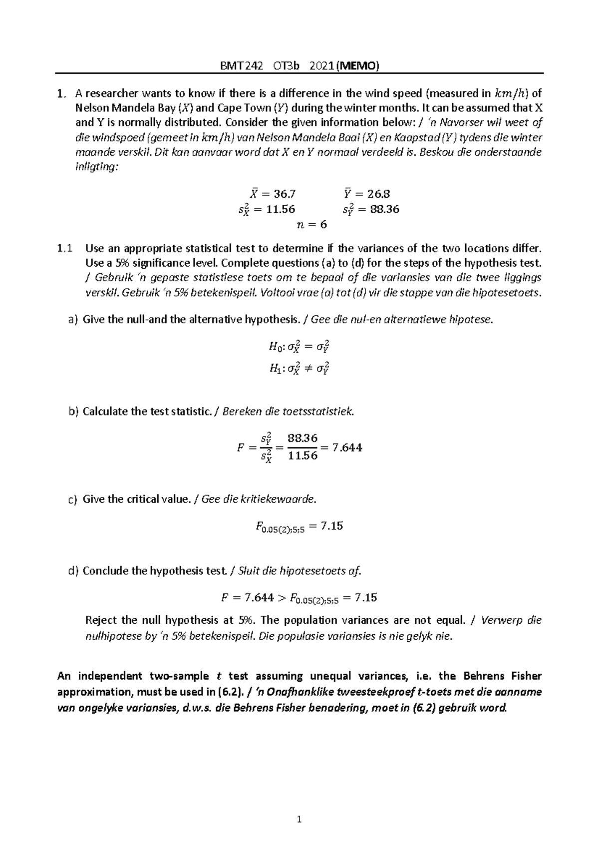 BMT 242 OT3b 2021 - Practical Memo on Hypothesis Testing - Studocu