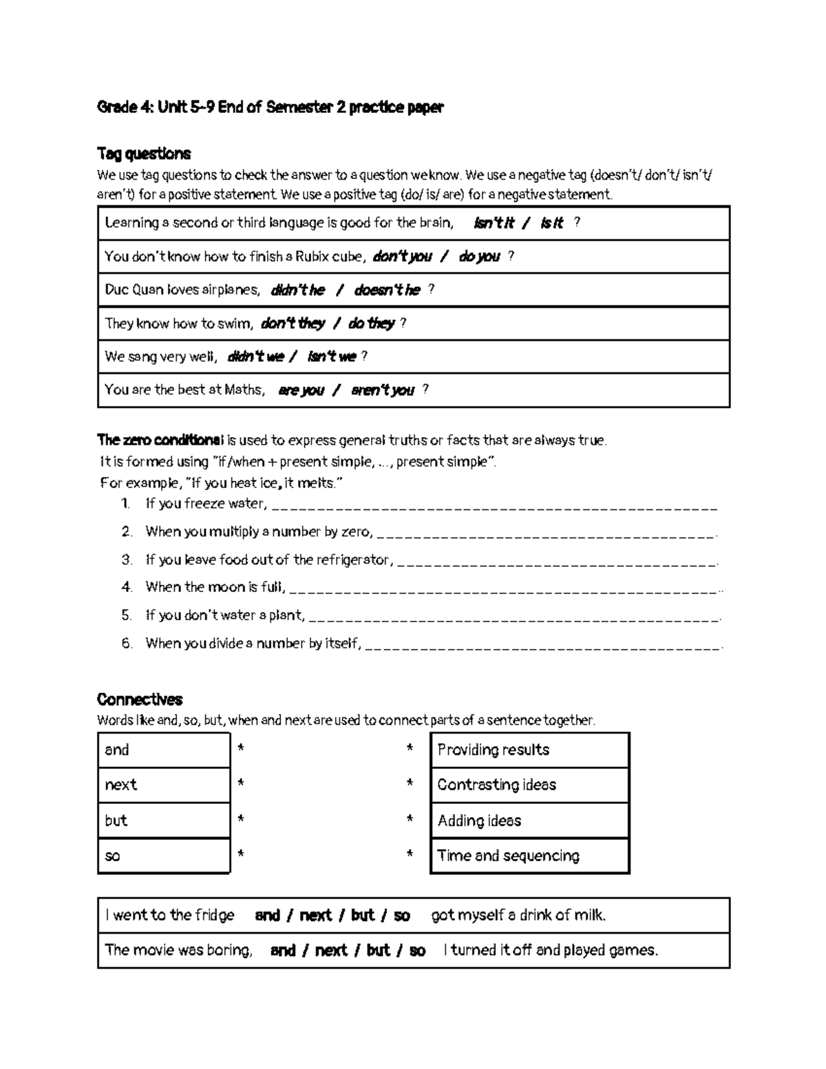 Grade 4: Unit 5-9 End of Semester 2 Practice Paper on Tag Questions ...