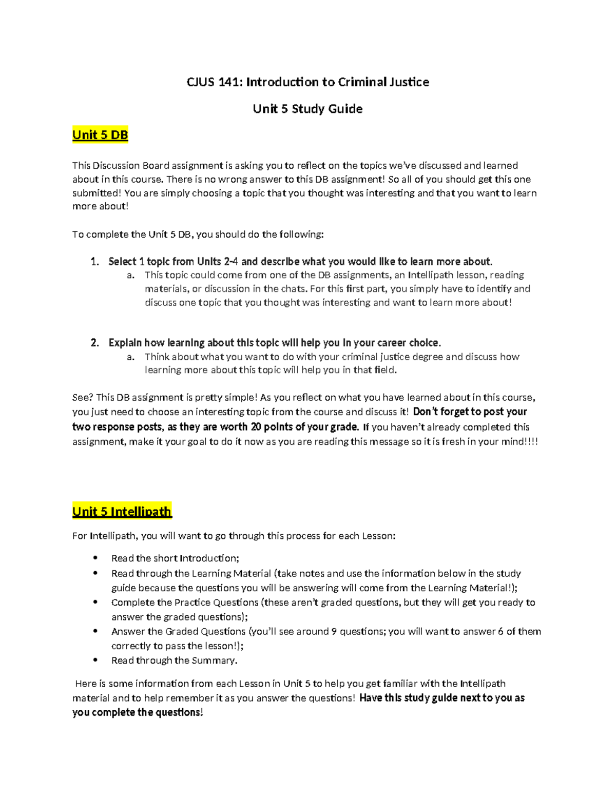 Unit 5 Study Guide for CJUS 141: Key Topics in Criminal Justice - Studocu