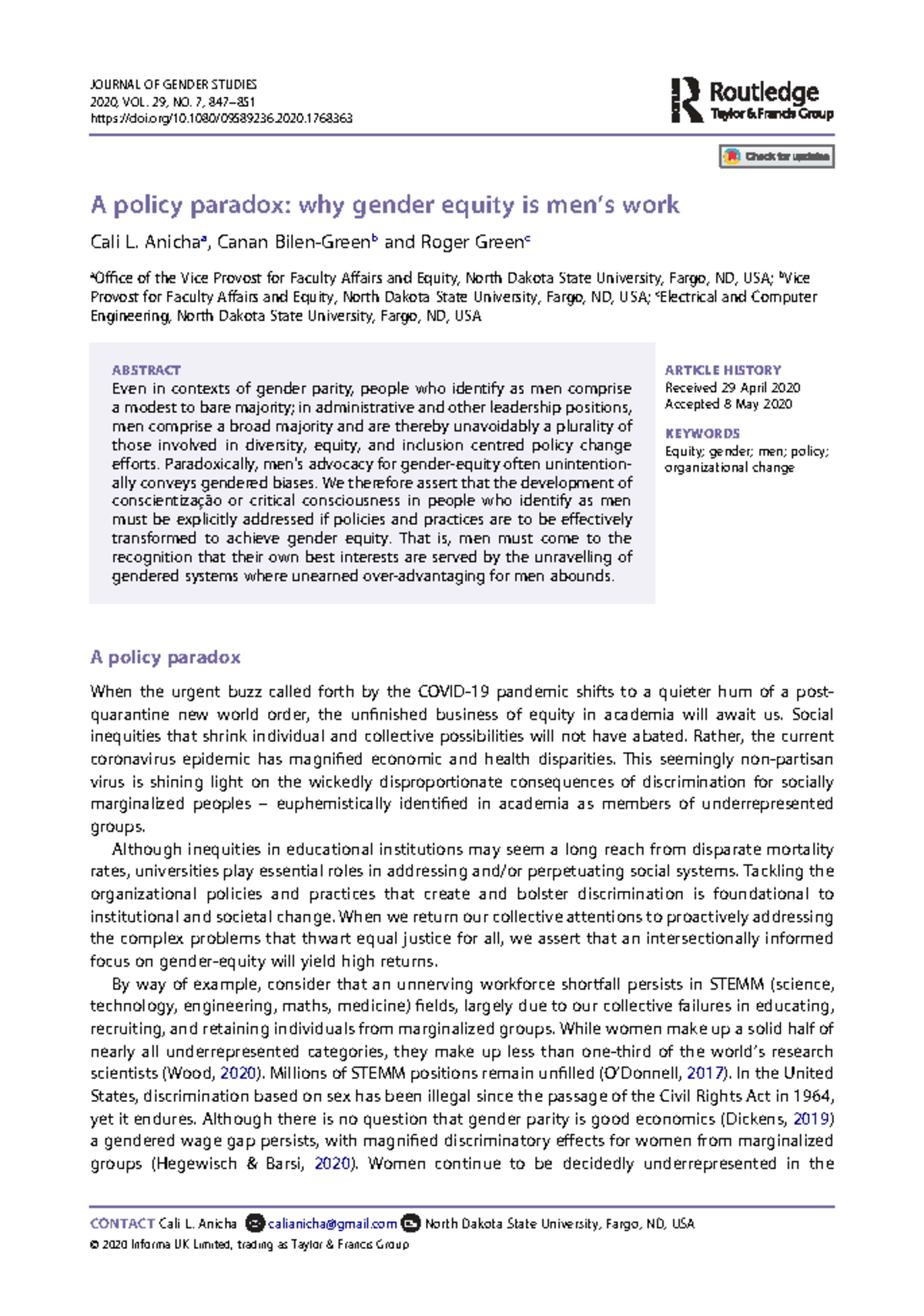 JOURNAL OF GENDER STUDIES 2020: A Policy Paradox on Gender Equity - Studocu