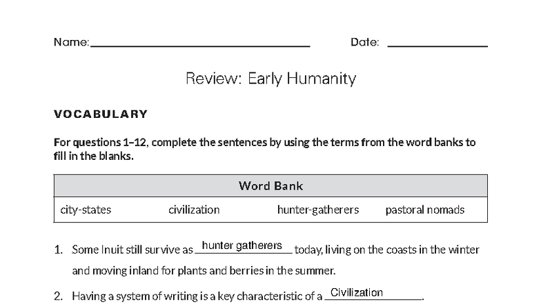 WC AP 03 - Early Humanity Vocabulary Review and Key - Studocu