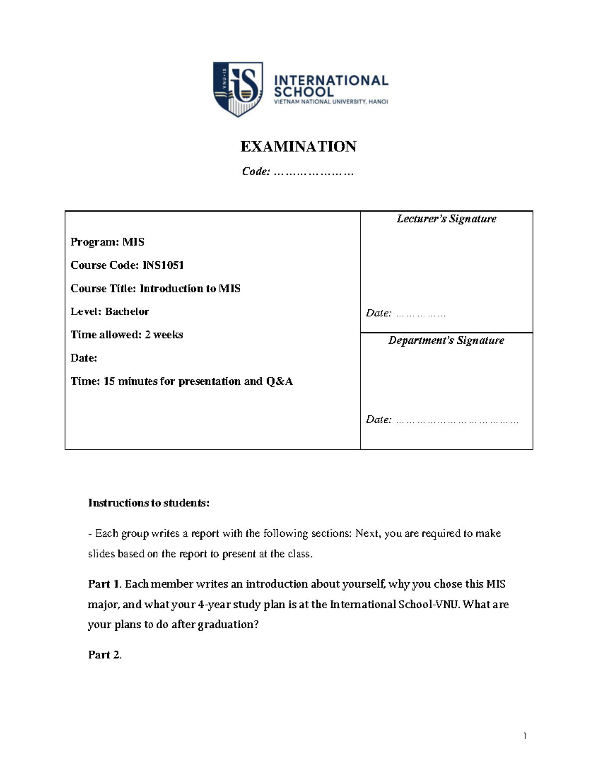 Final Exam Report for INS1051: Introduction to MIS 2025 - Studocu
