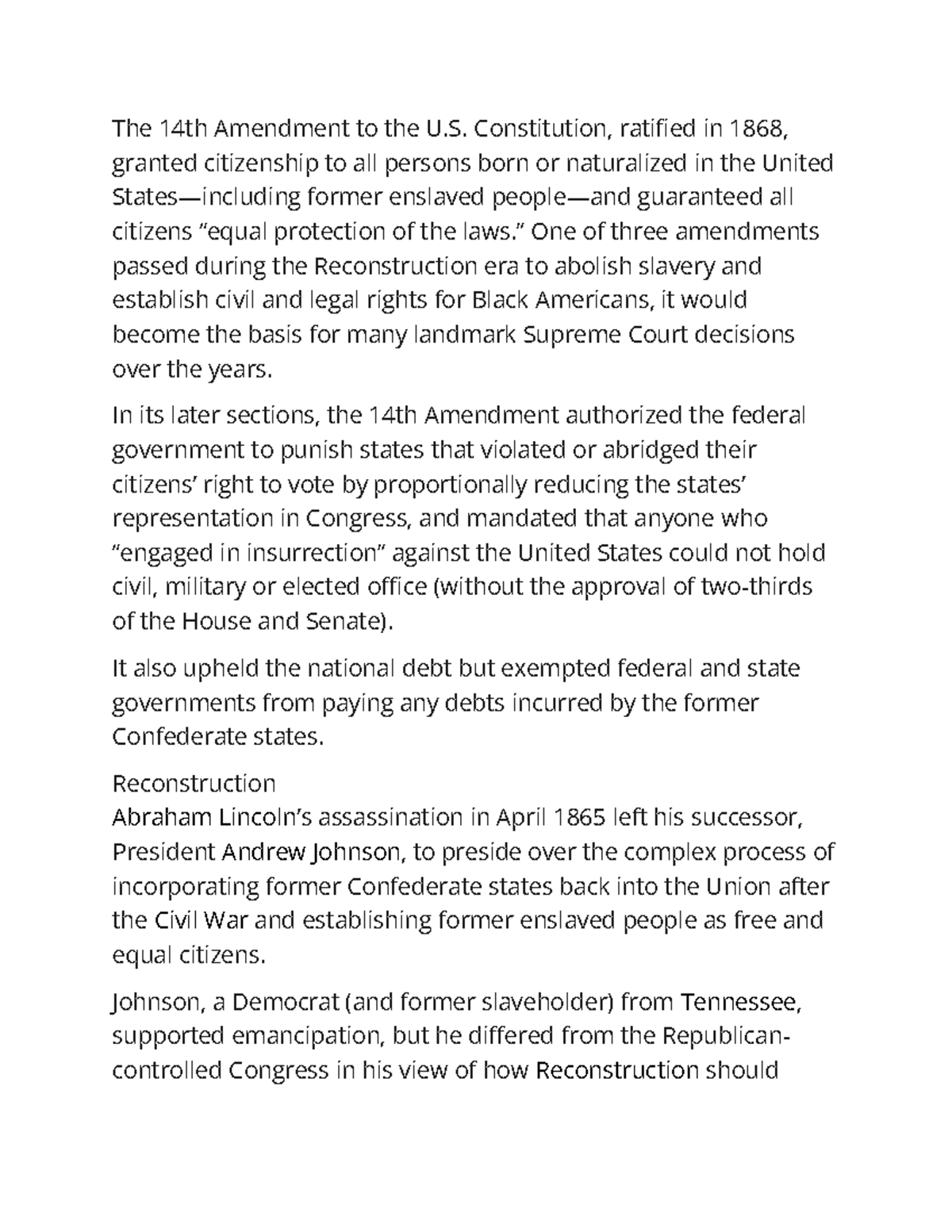 14th Amendment Overview and Key Sections Notes - Studocu