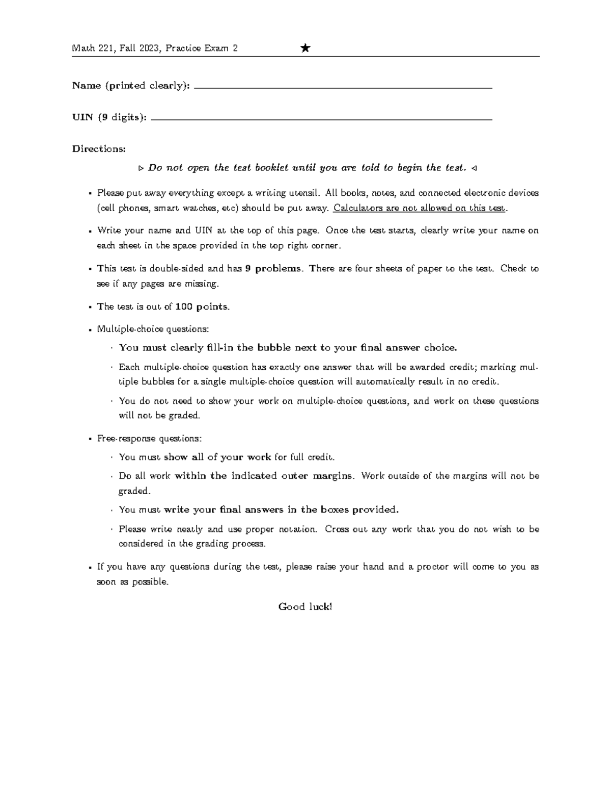 M221F23Exam2 practice - Math 221, Fall 2023, Practice Exam 2 ⋆ Name ...