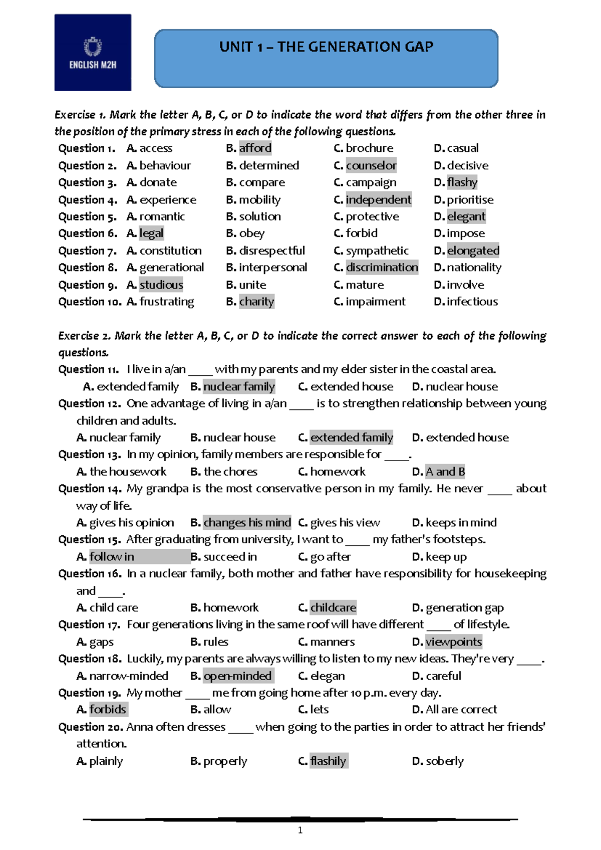 key Units 1-3 Bai tap trac nghiem - UNIT 1 – THE GENERATION GAP ...