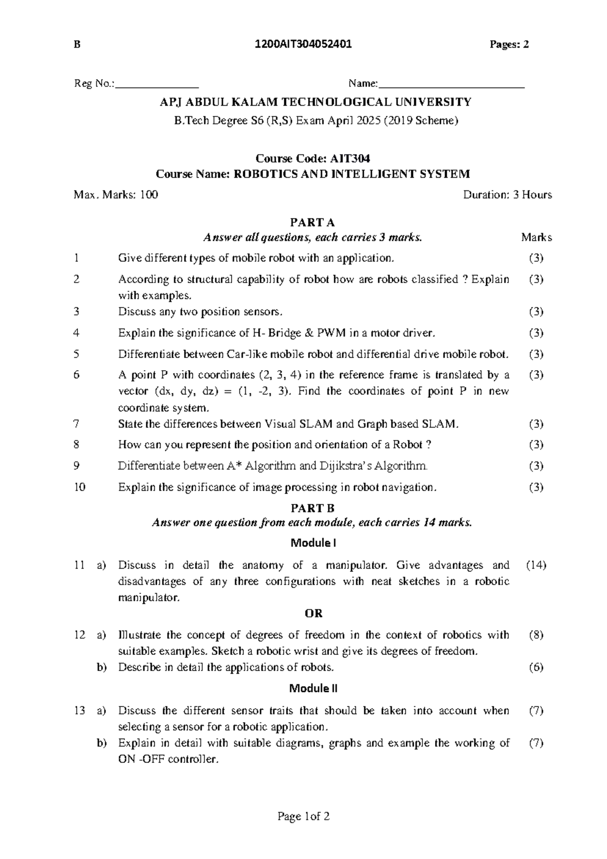 AIT304 - Robotics and Intelligent Systems Exam QP April 2025 - Studocu