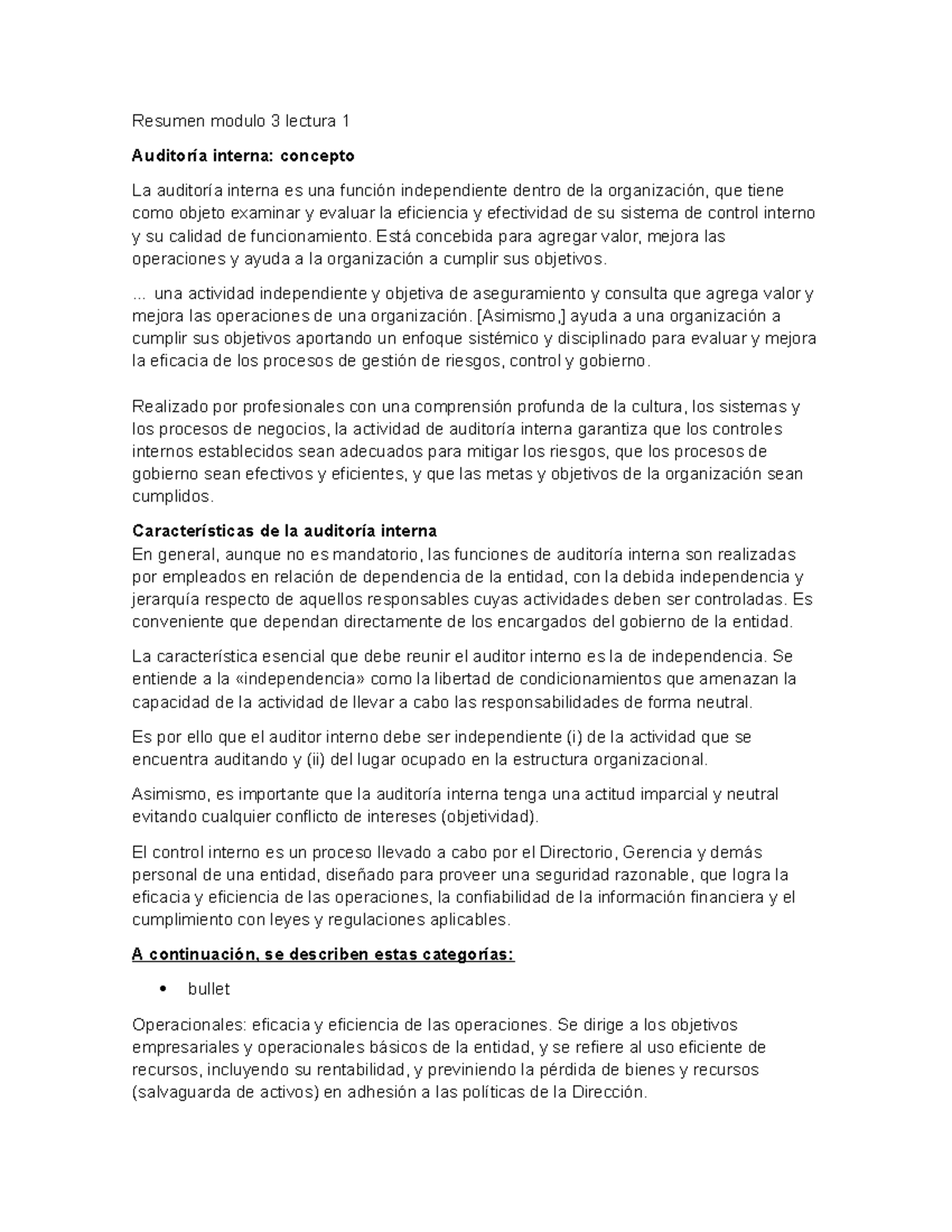 Resumen Módulo 3 Lectura 1: Auditoría Interna y Control Interno - Studocu