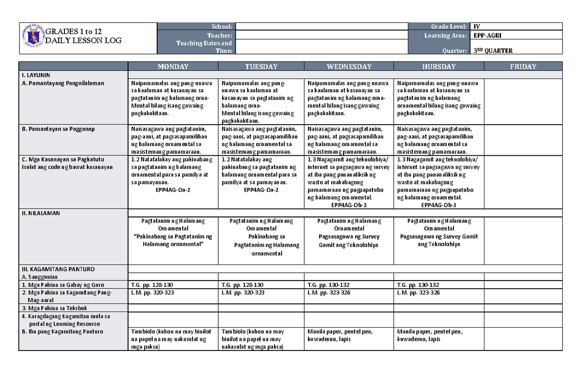 DLL EPP 4 Q3 W2 - Daily lesson log - GRADES 1 to 12 DAILY LESSON LOG ...