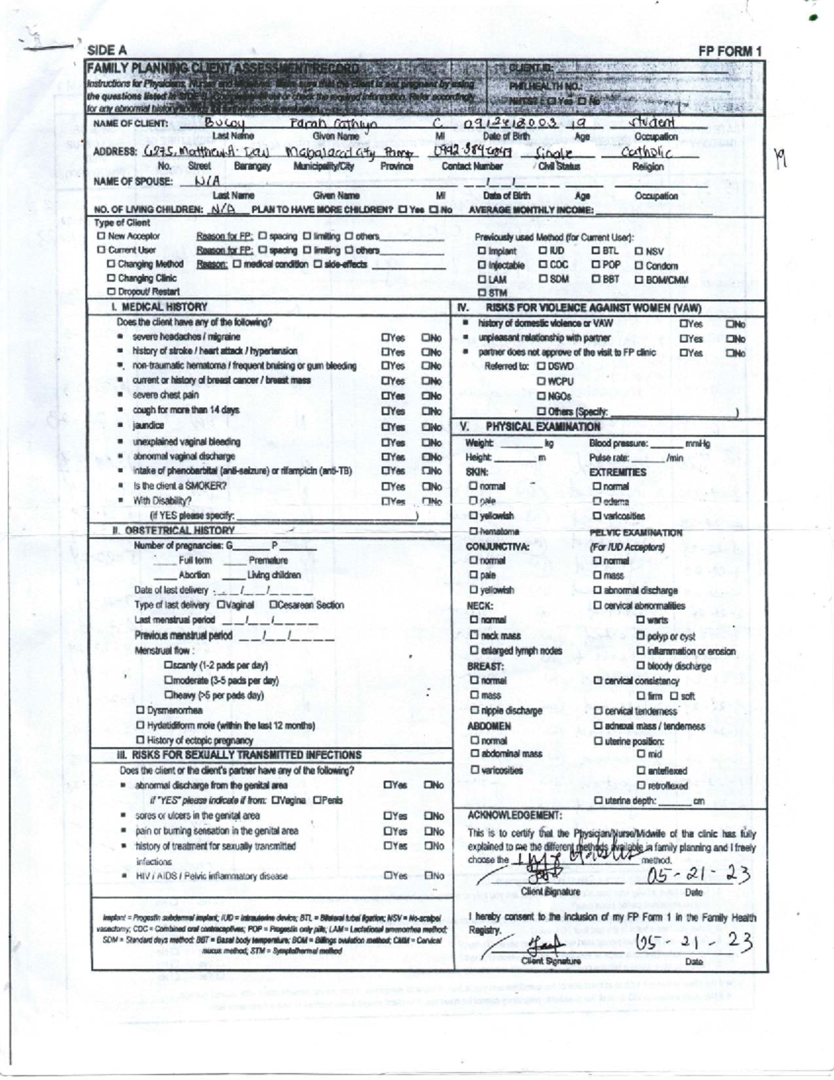 FP Form 1: Family Planning Client Assessment Instructions for ...