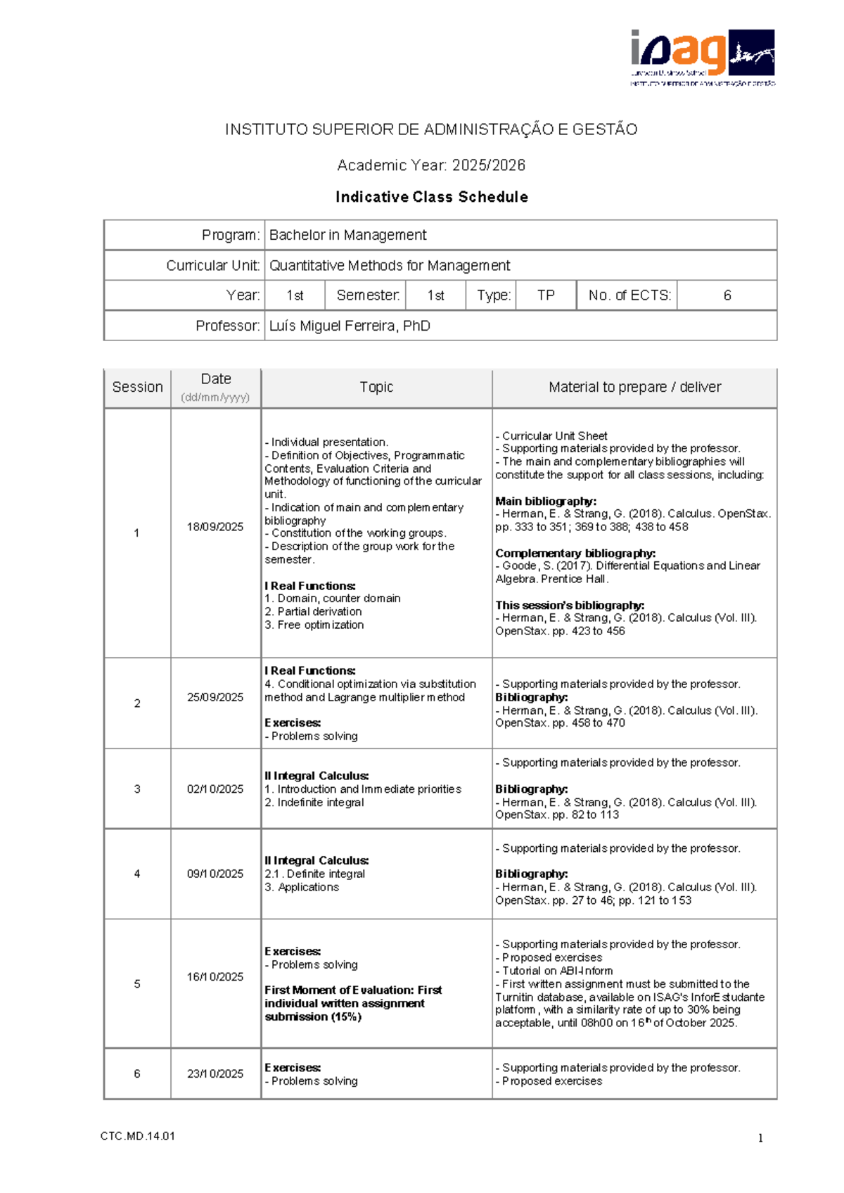 Indicative Class Schedule: Quantitative Methods for Management (BA ...