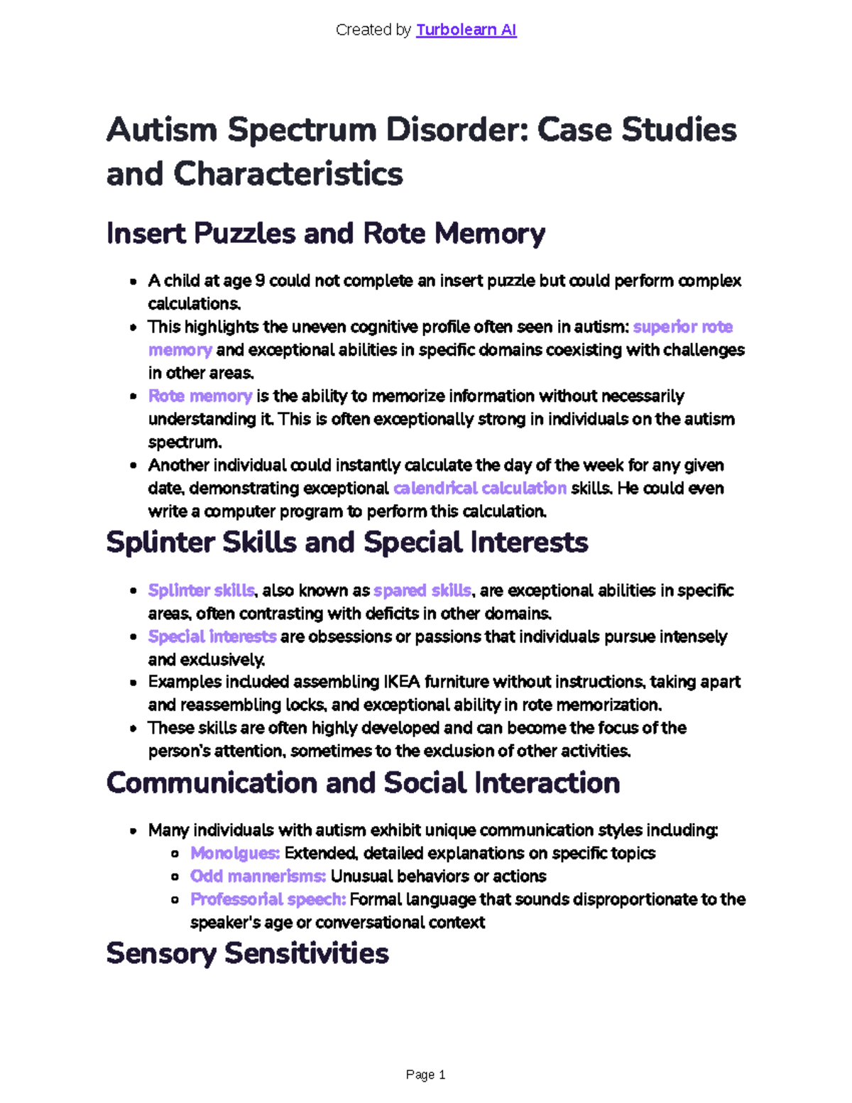 PSYC 438 L1 transcript notes - Autism Spectrum Disorder: Case Studies ...