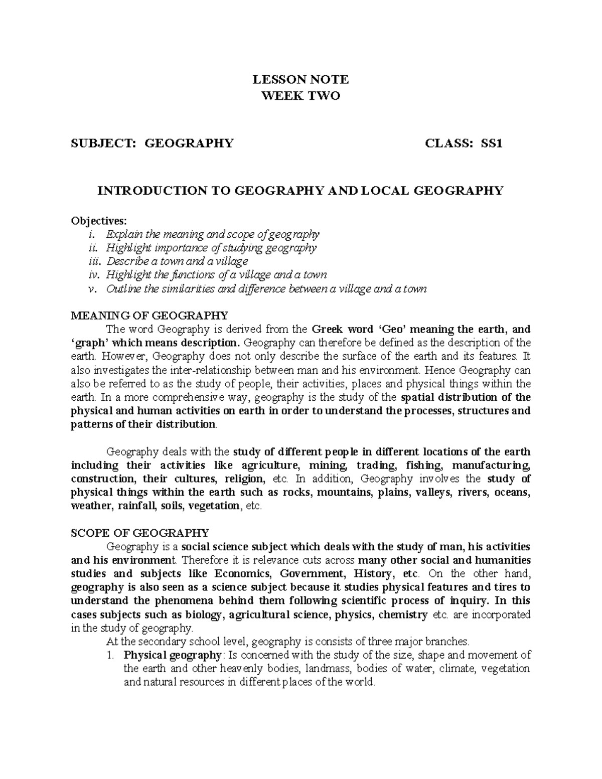 First TERM Lesson NOTE wk2 - LESSON NOTE WEEK TWO SUBJECT: GEOGRAPHY ...