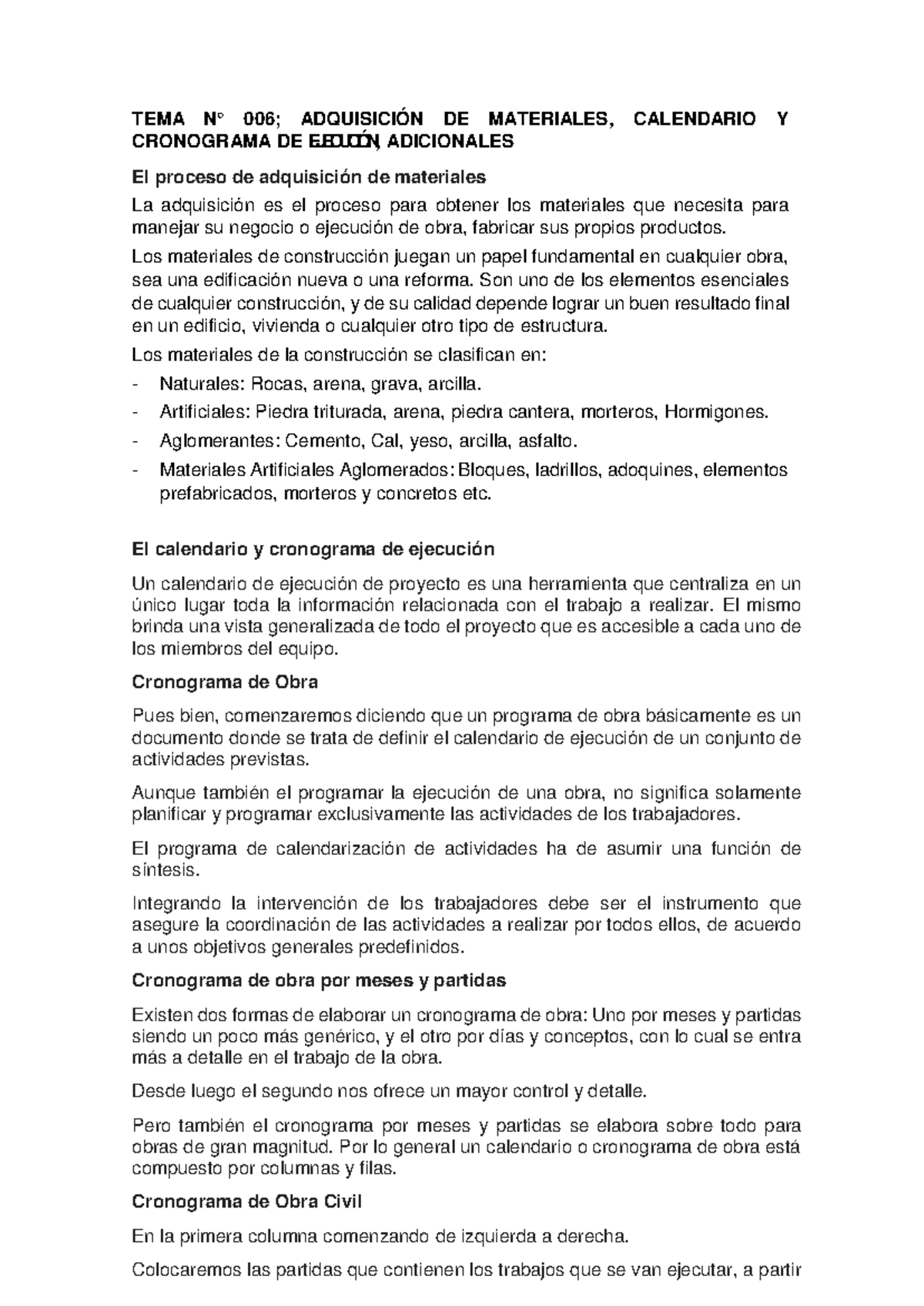 TEMA N° 006: Adquisición de Materiales y Cronograma de Ejecución - Document Preview