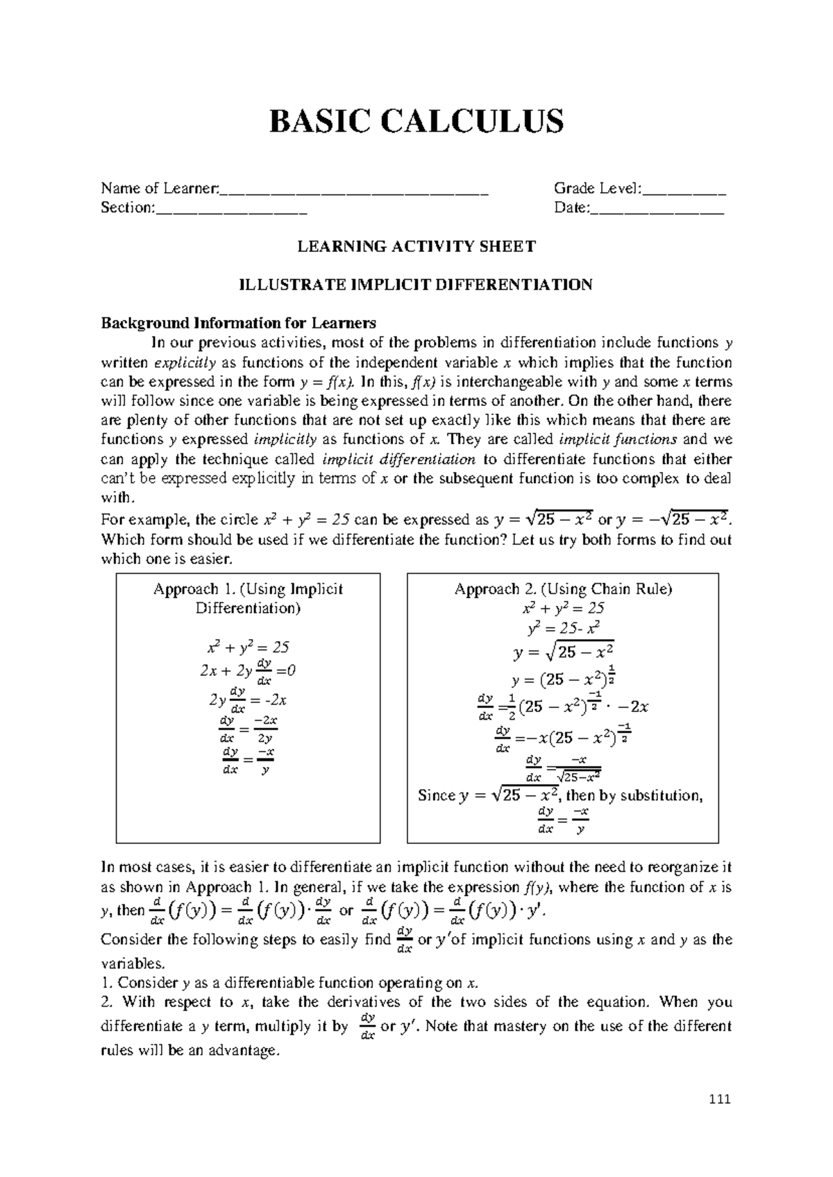 BASIC CALCULUS: LEARNING ACTIVITY SHEET ON IMPLICIT DIFFERENTIATION ...