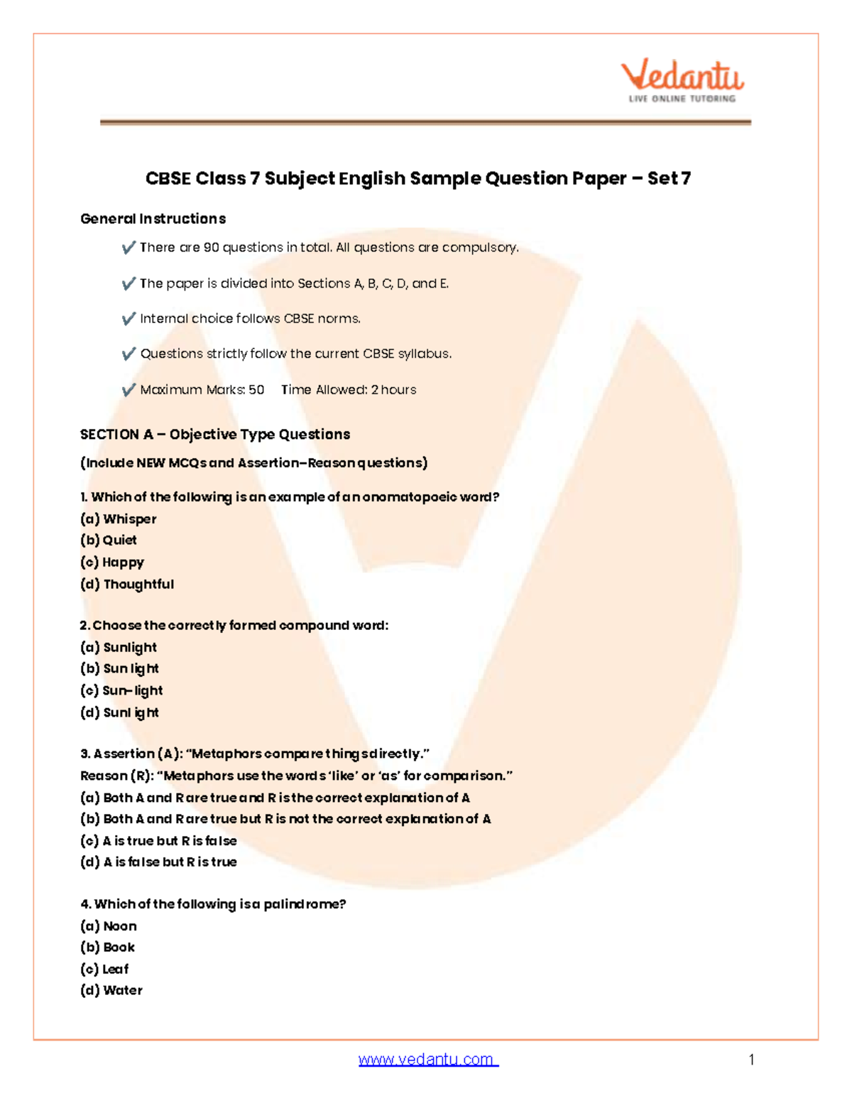 CBSE Class 7 English Sample Question Paper Set 7 (2025-26) - Studocu
