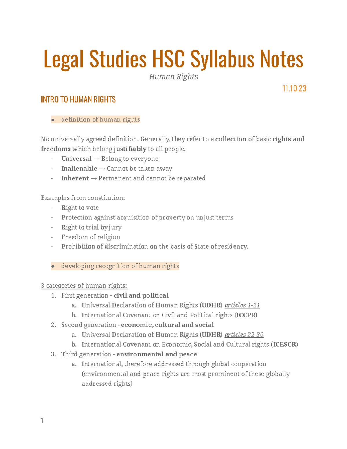 Legal Studies HSC Notes: Introduction to Human Rights Overview - Studocu
