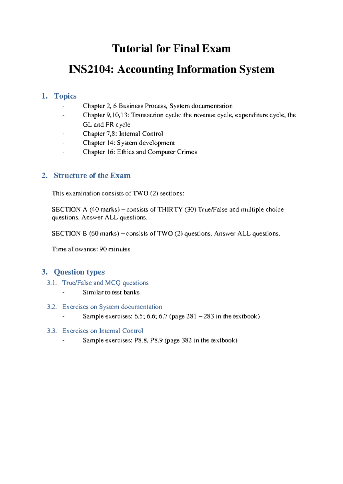 INS2104: Final Exam Tutorial for Accounting Info Systems - Studocu