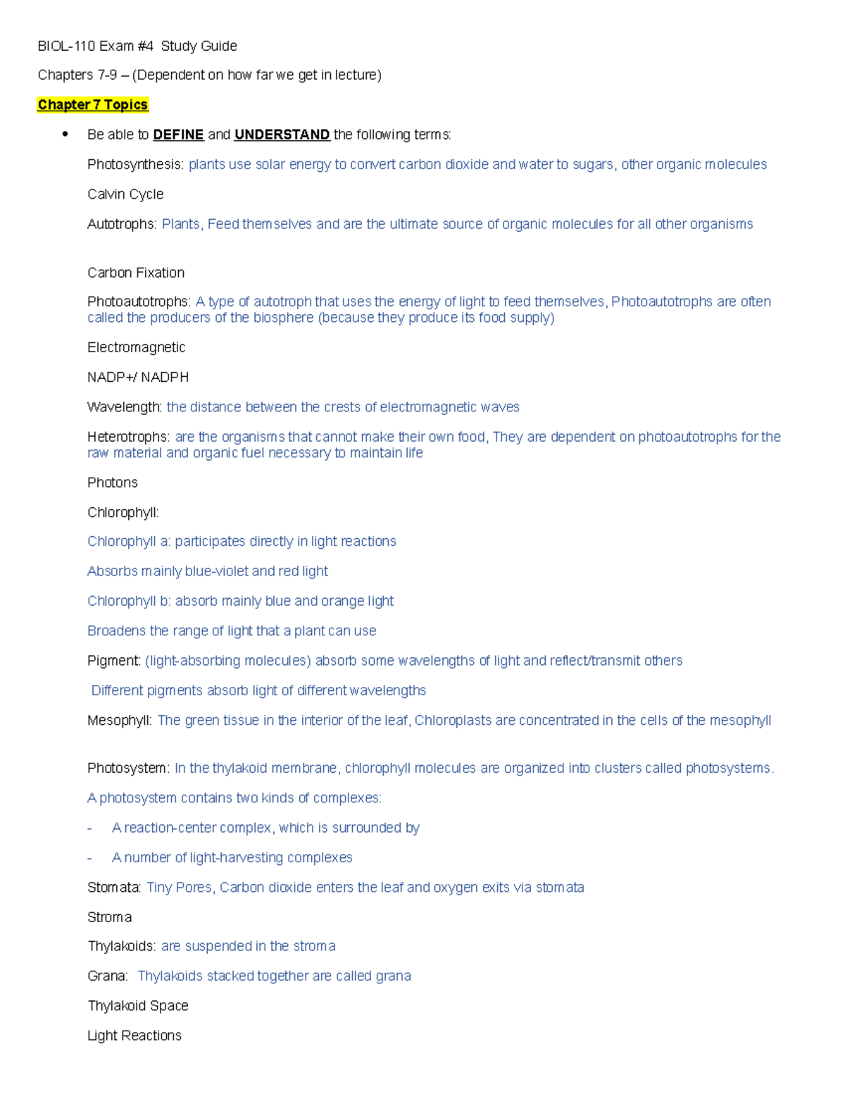 BIOL-110 Exam 4 Study Guide: Key Concepts from Chapters 7-9 - Studocu