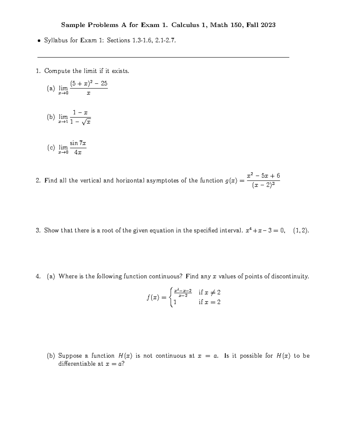 Math150 Exam 1 Practice Problems & Solutions (Fall 2023) - Studocu
